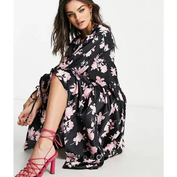ASOS Satin Floral Oversized Dress Size 10 Black Multicolored - Picture 10 of 10